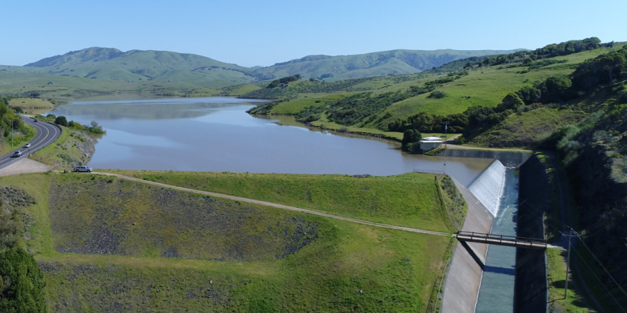 A reservoir and spillway.